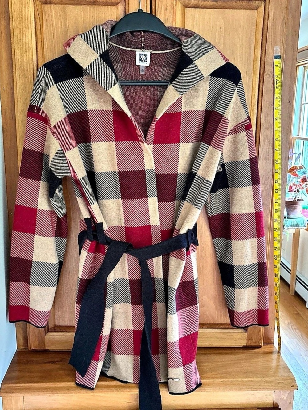 Anne Klein Plaid Belted Sweater Hooded Coat in Red & Black Size Medium